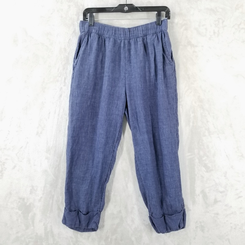 Sigrid Olsen Pants Women L Blue 100% Linen Cuff Cropped Elastic Waist Pockets